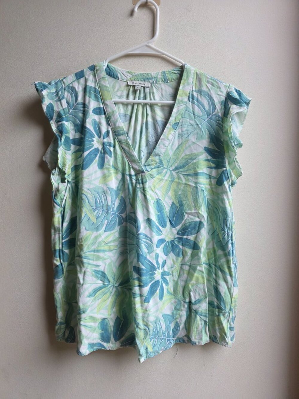 Anne Carson Blue/Green Ruffle Cap Sleeve Floral V-Neck Blouse Size Large